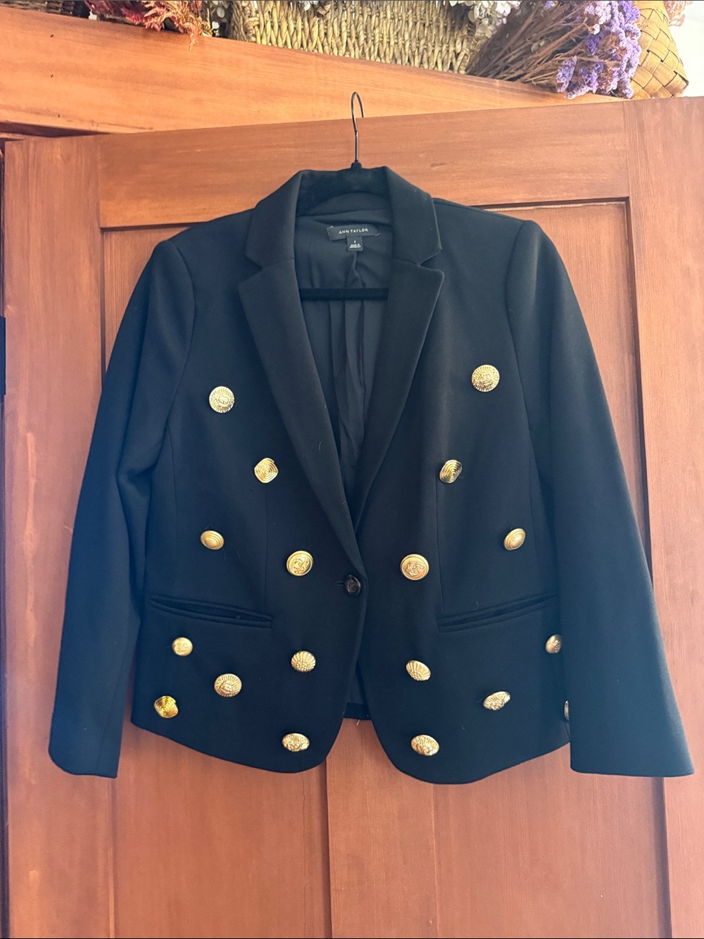 Ann Taylor Black Double-Breasted Blazer with Gold Buttons